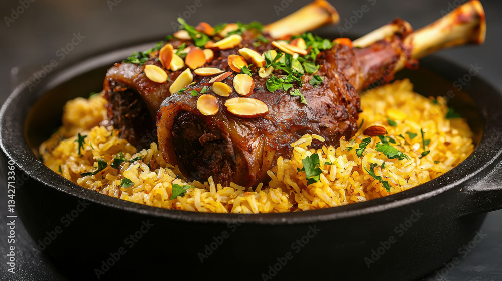 Delicious lamb shanks served over fragrant saffron rice with nuts and herbs on dark background