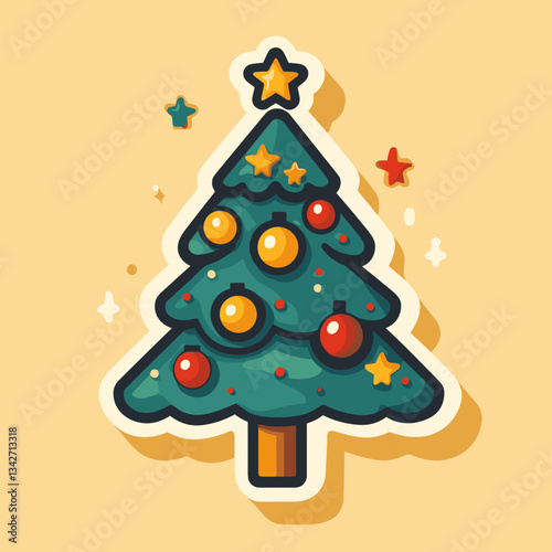 Cute Christmas tree sticker with colorful ornaments  