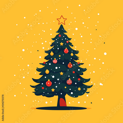 Christmas Tree with Ornaments on Yellow Background  
