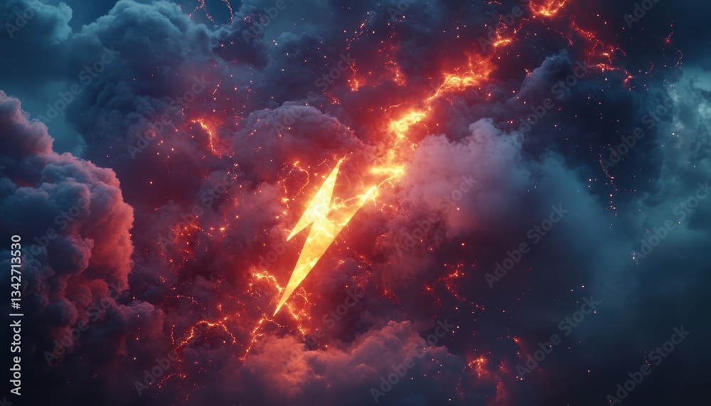 Fototapeta premium Fiery Lightning Bolt Amidst Dark Storm Clouds