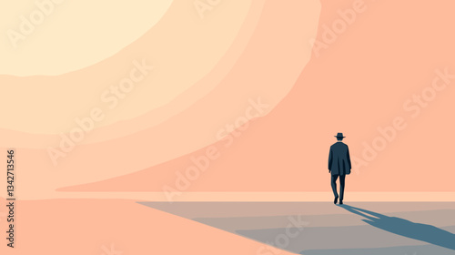 Surreal illustration of a lone traveler in a dreamlike desert.