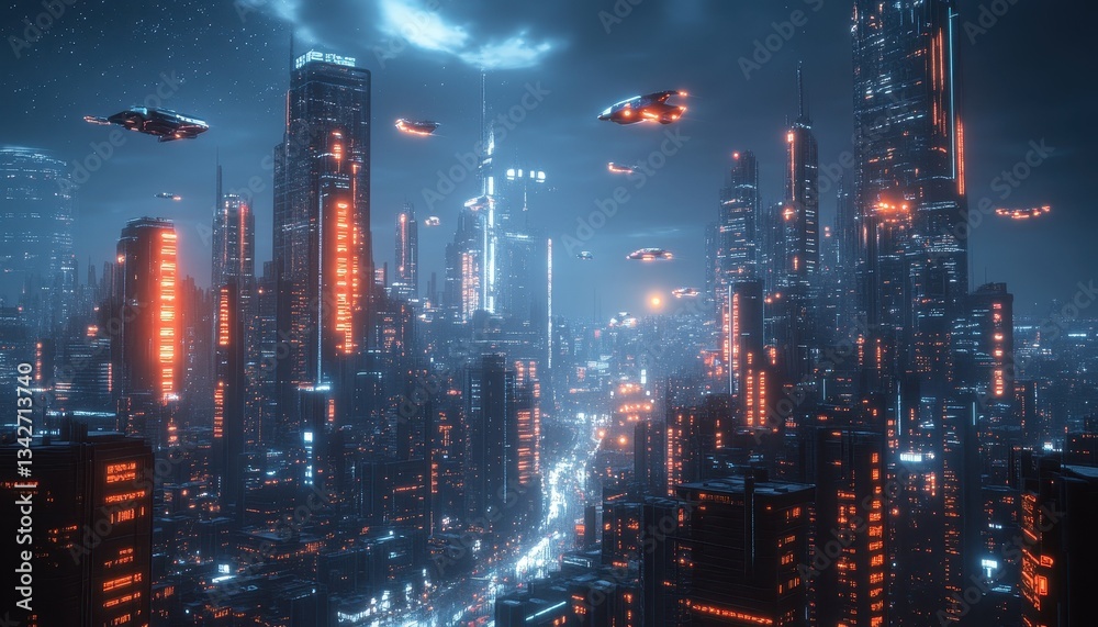 Fototapeta premium Futuristic Cityscape at Night with Flying Spaceships