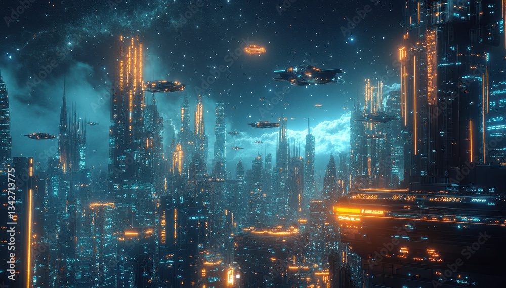 Fototapeta premium Futuristic Cityscape at Night with Glowing Spaceships