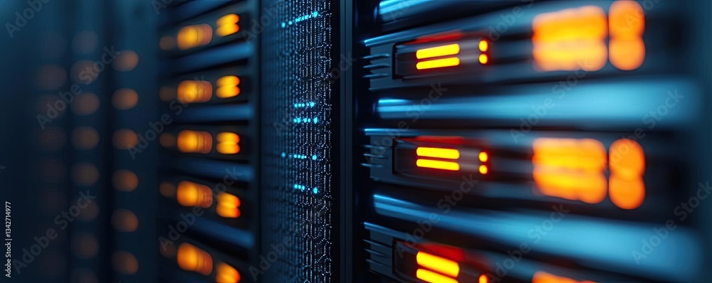 Cloud technology database backup and hybrid computing concept. Close-up view of server racks with glowing lights in a data center environment. Cloud technology database backup and hybrid computing concept. Close-up view of server racks with glowing lights in a data center environment.