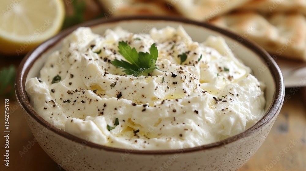 A creamy concoction of labneh yogurt, tangy cream cheese, and a hint of lemon, served with fluffy pita bread, perfect for a light and refreshing appetizer or dip. A creamy concoction of labneh yogurt, tangy cream cheese, and a hint of lemon, served with fluffy pita bread, perfect for a light and refreshing appetizer or dip.