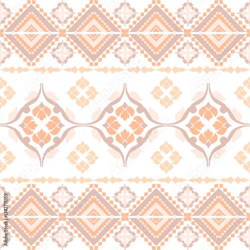 Orange and white damask geometric Native American ethnic boho seamless pattern. Tribal pattern. Navajo style. Folk motif. Textile rapport. Idea for wallpaper, rugs, carpets, and curtains.