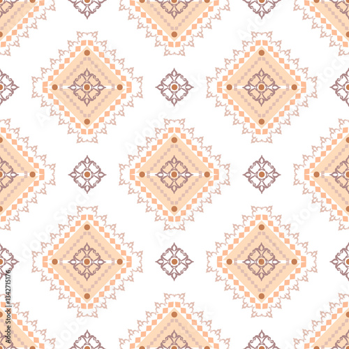 Orange geometric Native American ethnic boho seamless pattern. Tribal pattern. Navajo style. Folk motif. Textile rapport. Ideas for wallpaper, rugs, tiles, pottery, carpets, and curtains.