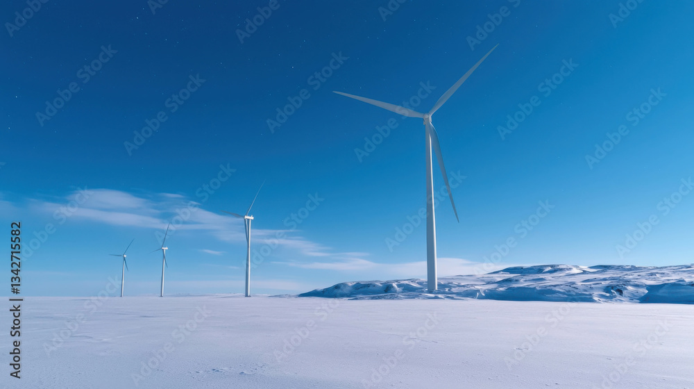 Fototapeta premium Wind Turbines on Snowy Landscape under Clear Blue Sky
