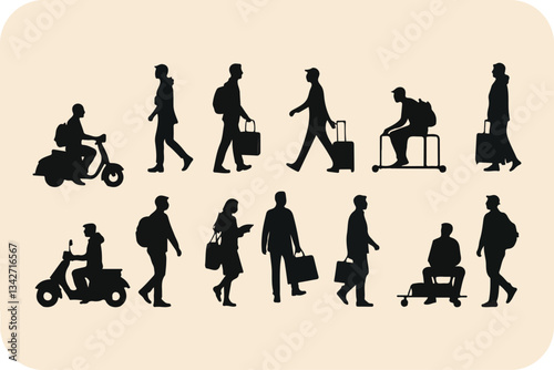 Silhouettes of People Walking, Riding Scooters, and Carrying Luggage in Urban Scenes