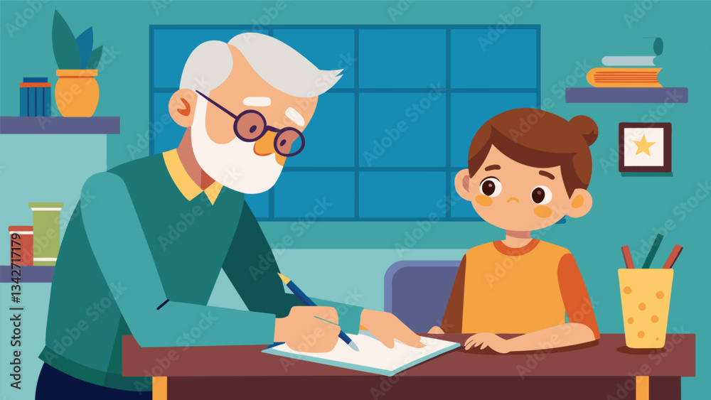 A grandfather helping his grandchild with homework at the kitchen table pen in hand and glasses perched on his nose.. Vector illustration A grandfather helping his grandchild with homework at the kitchen table pen in hand and glasses perched on his nose.. Vector illustration