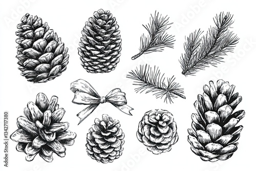 Wallpaper Mural Set of cozy pinecones hand drawn on a white background Torontodigital.ca