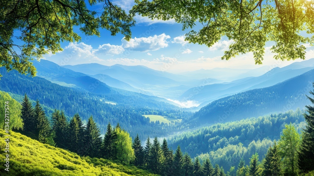 Fototapeta premium A mountain range with a blue sky and trees