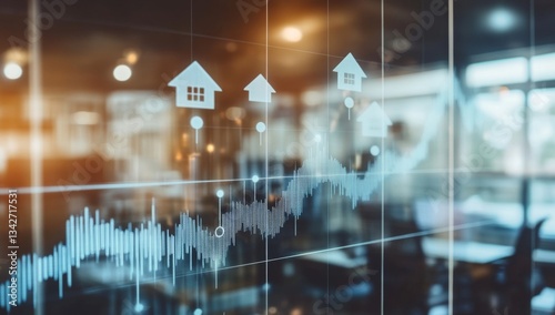 Real estate market trends visualized on a modern screen.  Housing market graphs and indicators displayed in an office setting