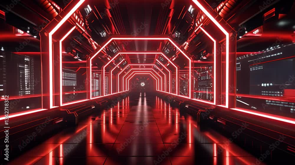 Futuristic corridor with bright red neon lights reflecting off the sleek surfaces, creating an immersive sci-fi atmosphere.