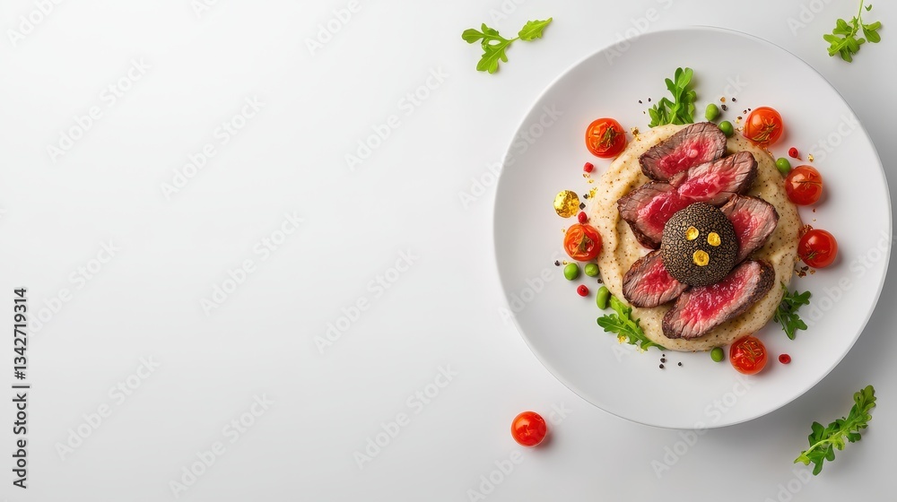 Gourmet sliced beef tenderloin with creamy mashed potatoes, truffle garnish, cherry tomatoes, and pea shoots elegantly arranged on a white plate against a bright white background Gourmet sliced beef tenderloin with creamy mashed potatoes, truffle garnish, cherry tomatoes, and pea shoots elegantly arranged on a white plate against a bright white background