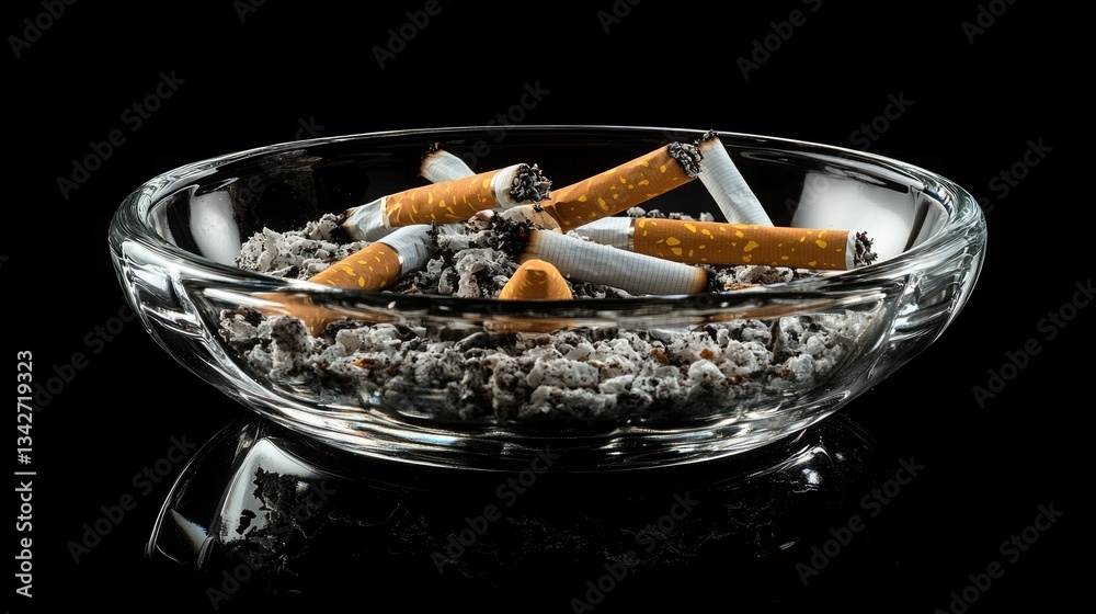 Worn Ashtray with Cigarette Remnants in a Gritty Close-Up Worn Ashtray with Cigarette Remnants in a Gritty Close-Up