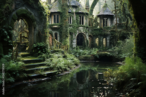 In this ethereal setting, captivating allure of an ancient, timeworn abode nestled amidst murky depths of a swamp, where crumbling facade, shimmering reflections upon tranquil waters, and palpable aur photo