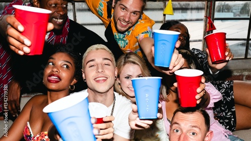 Sticker Group of diverse friends celebrating with colorful cups, smiling and enjoying a party