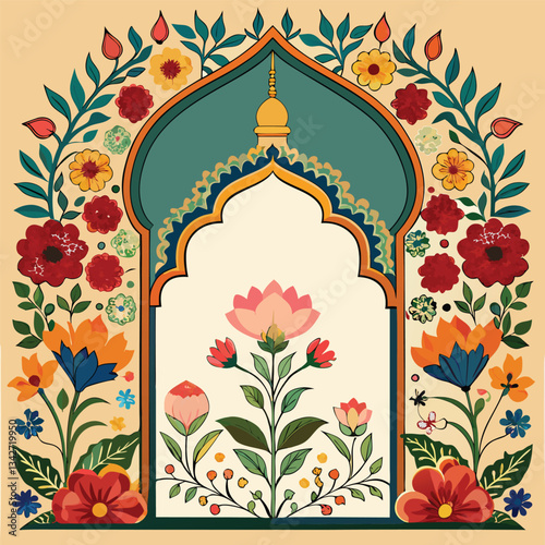 Intricate Mughal Garden with Floral Motifs and Decorative Elements