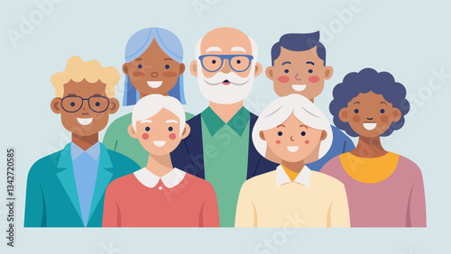 A group of retired professionals all over the age of 70 come together to form a team of senior life coaches using their diverse backgrounds and expertise to empower their clients.. Vector illustration