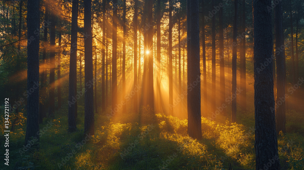 Fototapeta premium Beautiful golden sunset illuminating tranquil pine forest landscape