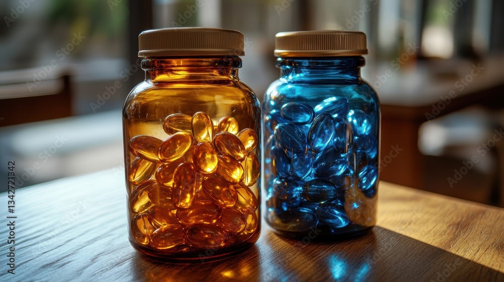 Two bottles, one containing the golden glow of vitamin D3 capsules, and another boasting the shimmering blue of omega-3 fish oil capsules. Two bottles, one containing the golden glow of vitamin D3 capsules, and another boasting the shimmering blue of omega-3 fish oil capsules.