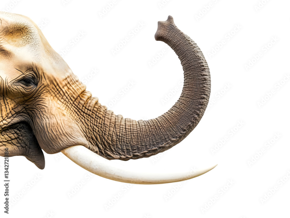 Obraz premium Close-up view of an elephant's majestic face, highlighting its impressive tusks and textured skin, embodying strength and grace in nature.