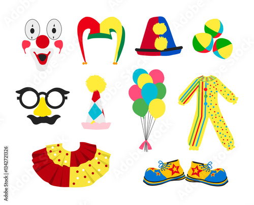 A playful collection of clown-themed elements, for April Fools’ Day designs, circus themes, party decorations, and festive projects.