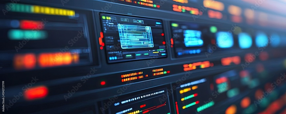Cybersecurity network security and data protection concept. Close-up of a digital control panel with vibrant display lights. Cybersecurity network security and data protection concept. Close-up of a digital control panel with vibrant display lights.