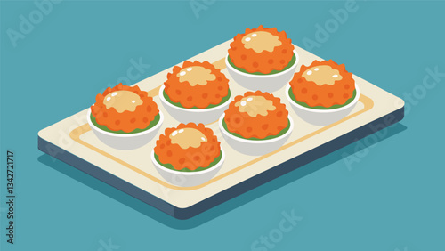 A tray of mini crab cakes served with a zesty tartar sauce for a seafood appetizer that requires minimal effort.. Vector illustration