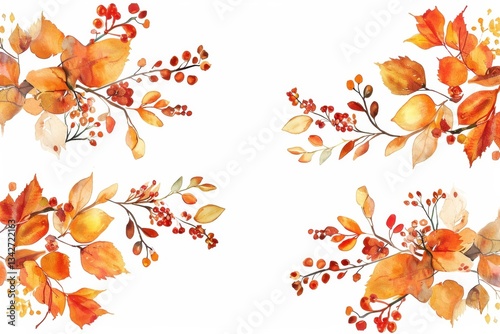 Wallpaper Mural Watercolor Autumn Leaves and Berries on White Background Torontodigital.ca