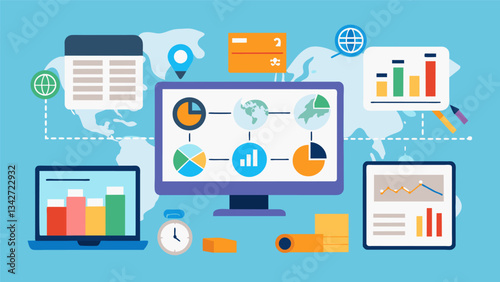 An interactive dashboard that combines logistics data from multiple sources providing a comprehensive overview of the supply chain in a single interface.. Vector illustration