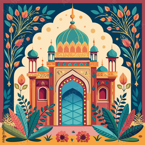 Historic Mughal Palace Archway in Traditional Islamic Garden with Lush Greenery