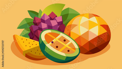 A tantalizing treat with a variety of tropical fruits including mango papaya and passion fruit arranged in a mosaic pattern.. Vector illustration