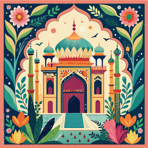 Grand Mughal Palace Archway Set in a Traditional Islamic Garden Oasis
