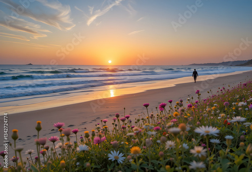 Fototapeta Naklejka Na Ścianę i Meble -  Beautiful beach sunset with flowers and person walking on the sand nature landscape photography