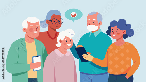 A group of retirees test out a new navigation device for those with memory loss created by an 85yearold who saw the need while caring for their partner.. Vector illustration
