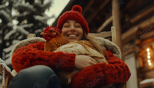 Woman in a cozy sweater holding a chicken while sitting on a chair outside a rustic cabin in winter