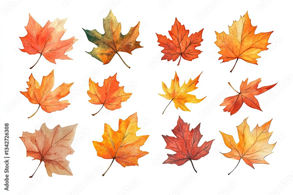 Set of watercolor autumn maple leaves hand drawn on white background Set of watercolor autumn maple leaves hand drawn on white background