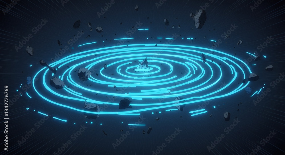 Creating Abstract Neon Circle Design Surrounded by Rocks and Debris Creating Abstract Neon Circle Design Surrounded by Rocks and Debris