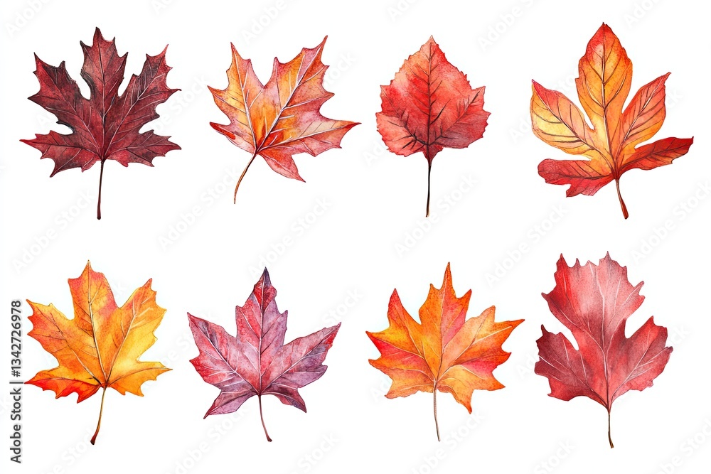 Set of watercolor autumn maple leaves hand drawn on white background Set of watercolor autumn maple leaves hand drawn on white background