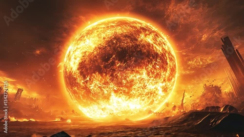 Inferno: A fiery apocalypse engulfs the planet, leaving behind a desolate, burning landscape dominated by a colossal, incandescent sun.