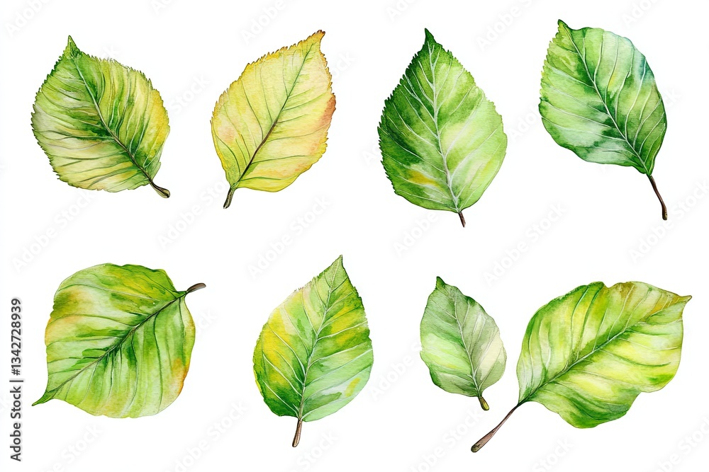 Obraz premium Set of watercolor Beech Leaves hand drawn on a white background