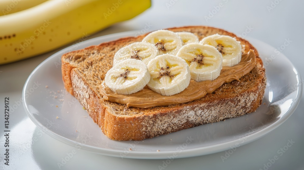 A delicious slice of whole wheat toast topped with creamy peanut butter and fresh banana slices is ready to be enjoyed for a healthy breakfast.