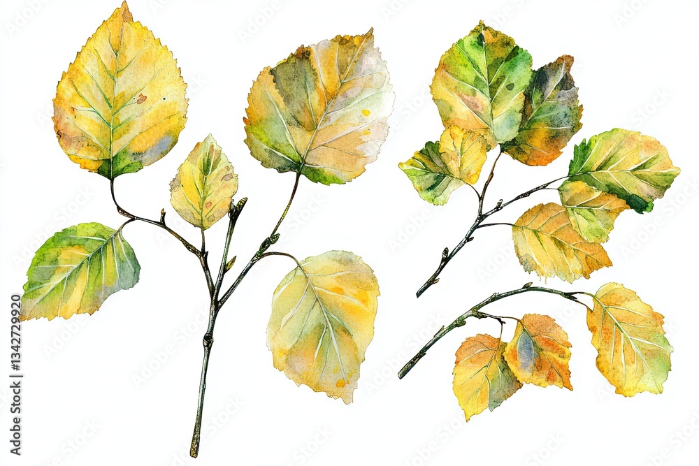 Obraz premium Set of watercolor Birch Leaves hand drawn on a white background