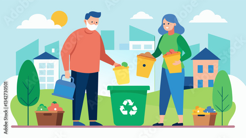 A couple in their 40s organizing a neighborhood recycling drive educating residents on the importance of reducing waste and minimizing their carbon footprint.. Vector illustration