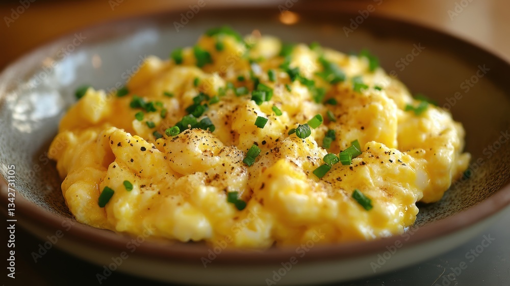 A golden halo of scrambled eggs, nestled on a plate, ready to fuel a day of exploration and adventure. A golden halo of scrambled eggs, nestled on a plate, ready to fuel a day of exploration and adventure.