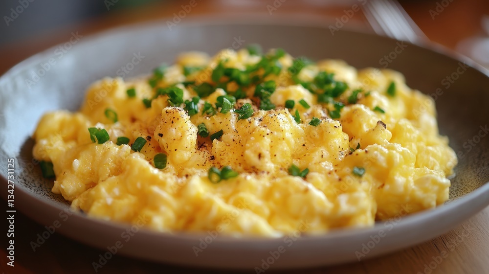 A golden halo of scrambled eggs, nestled on a plate, ready to fuel a day of exploration and adventure. A golden halo of scrambled eggs, nestled on a plate, ready to fuel a day of exploration and adventure.