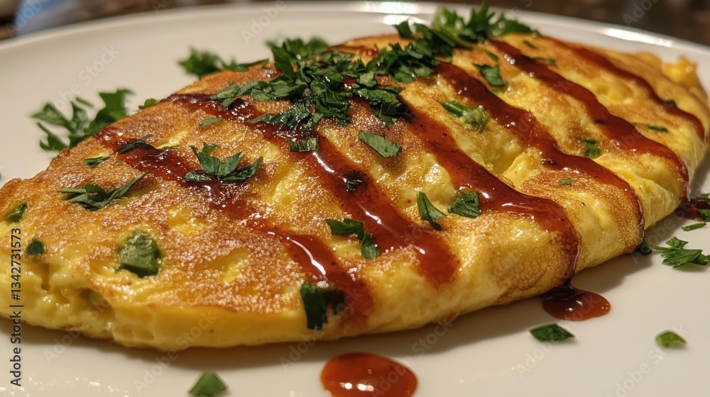 A fluffy omelette of golden-yellow, studded with vibrant greens and adorned with a drizzle of hot sauce. A breakfast masterpiece. A fluffy omelette of golden-yellow, studded with vibrant greens and adorned with a drizzle of hot sauce. A breakfast masterpiece.