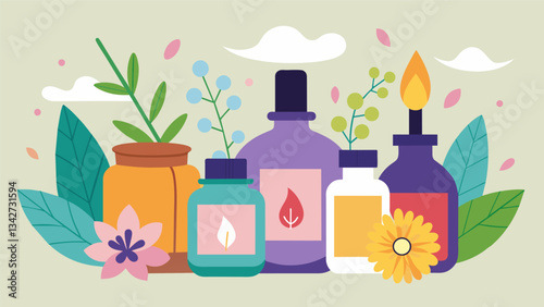 A collection of essential oils used in aromatherapy to promote relaxation and combat anxious feelings.. Vector illustration